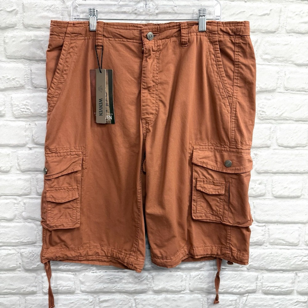WenVen Brick Red Cargo Utility Shorts Mens 36  Drawstring Zip Cargo Pockets